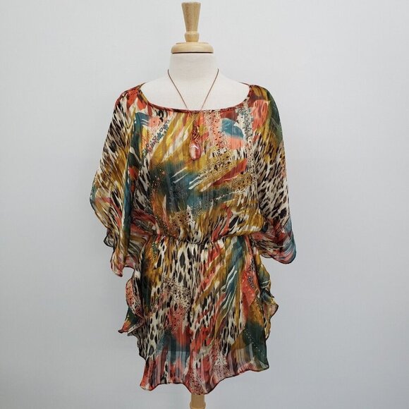 Coco Bianco Womens Multicolor Abstract Kaftan Top Blouse Size M Short Sleeve - Picture 1 of 14